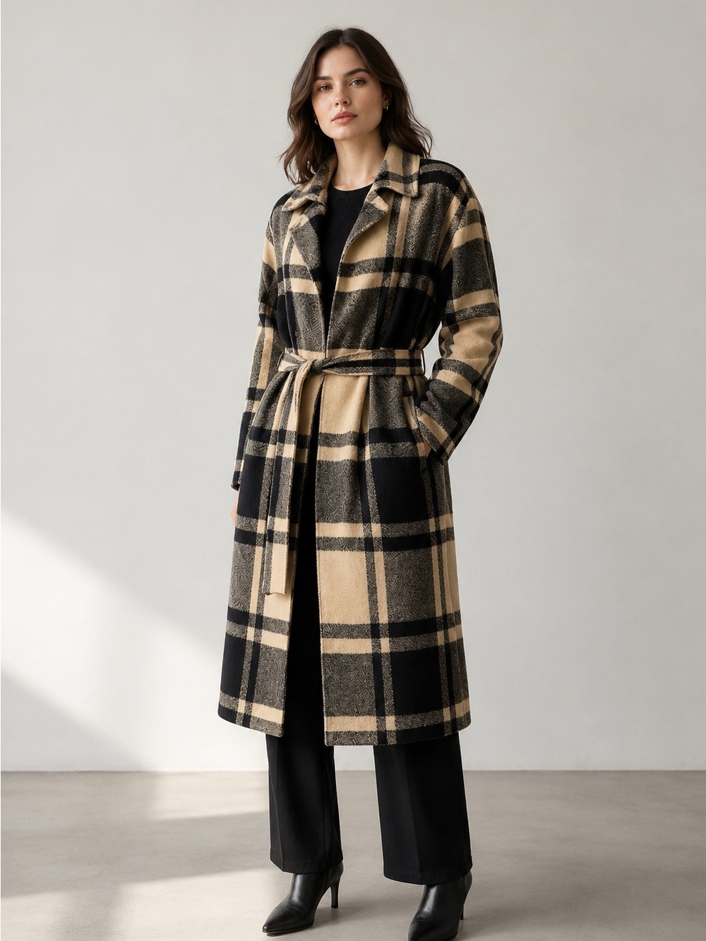 Liz Claiborne Minimalist Plaid Wrap Coat - Neutral Capsule Wardrobe Trench